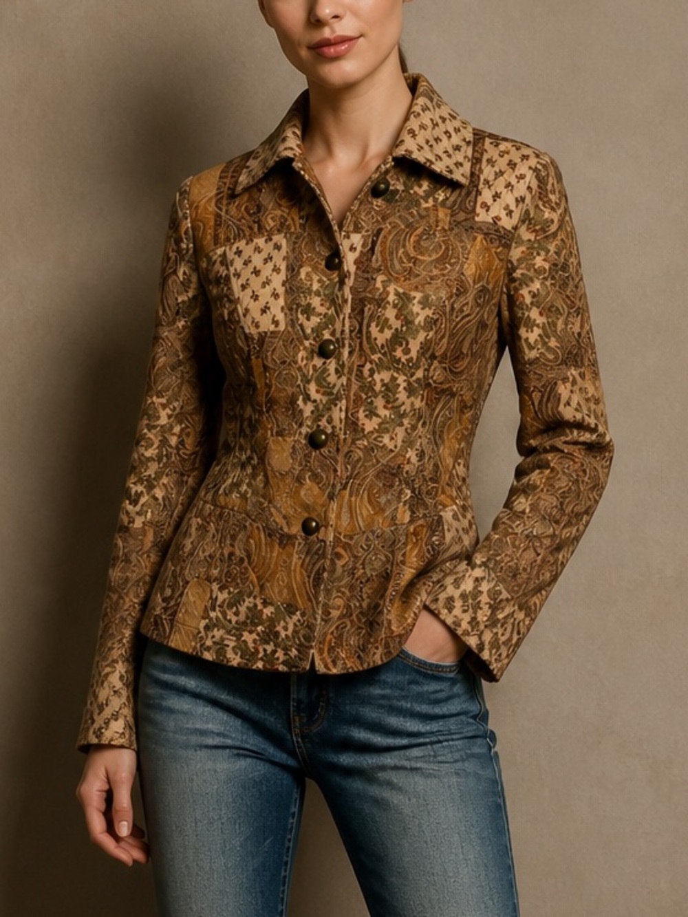 Analogy Fall Jacket Patchwork Paisley Button-Front Blazer in Brown & Tan Boho